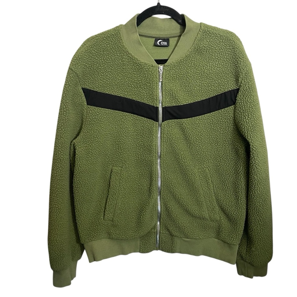 Zyia Active Flying V Fleece Sherpa Bomber Jacket Olive Green Black Medium
